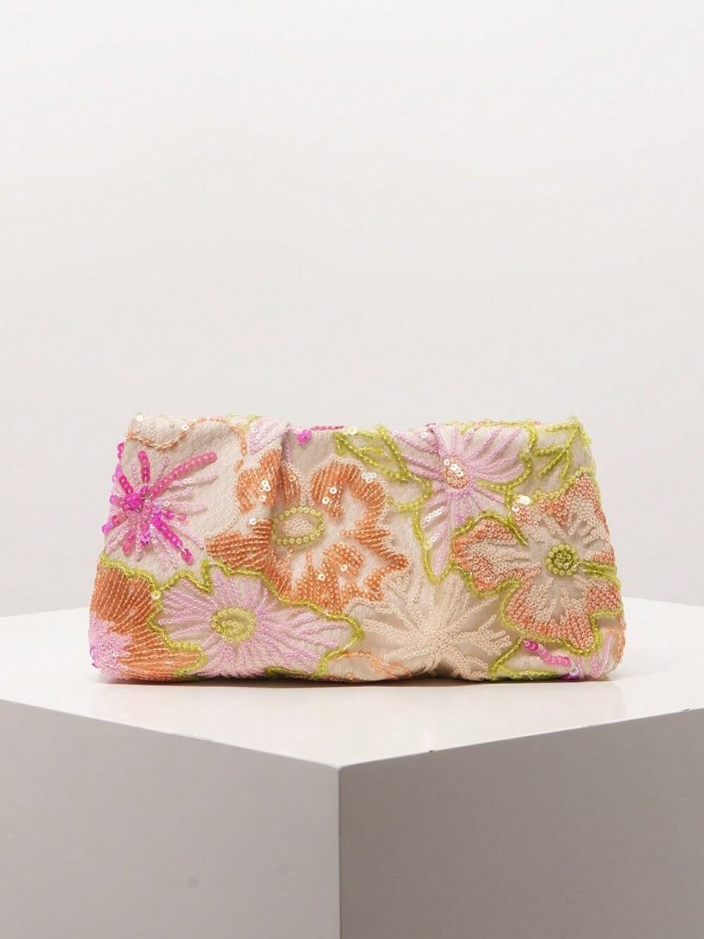 Multicolor Glamorous Women's Embroidered Pleated Sequin Floral Clutch purse